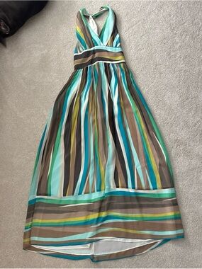 Banana Republic Teal, Brown, Aqua & Lime Striped Maxi Dress